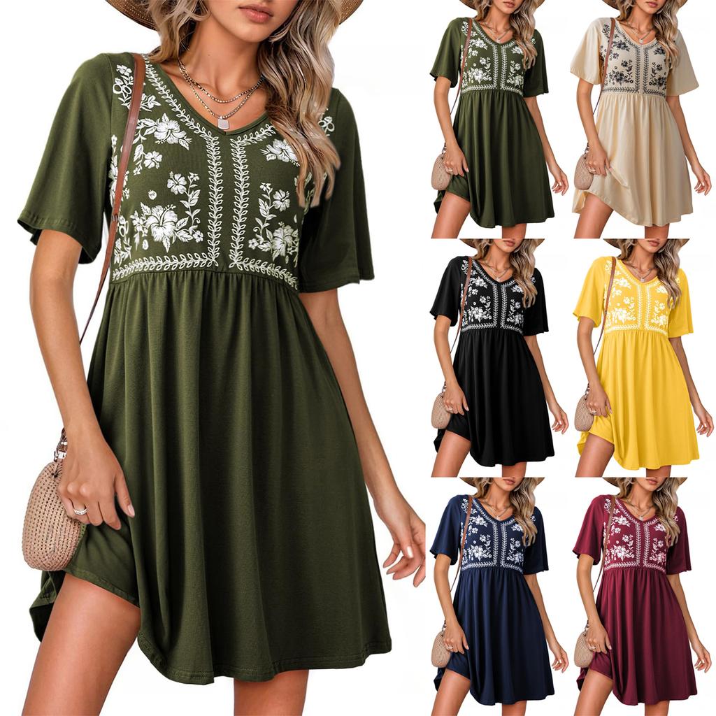 Robe courte à manches courtes imprimée, tendance et décontractée pour femme, à col en V ample, resserrée à la taille