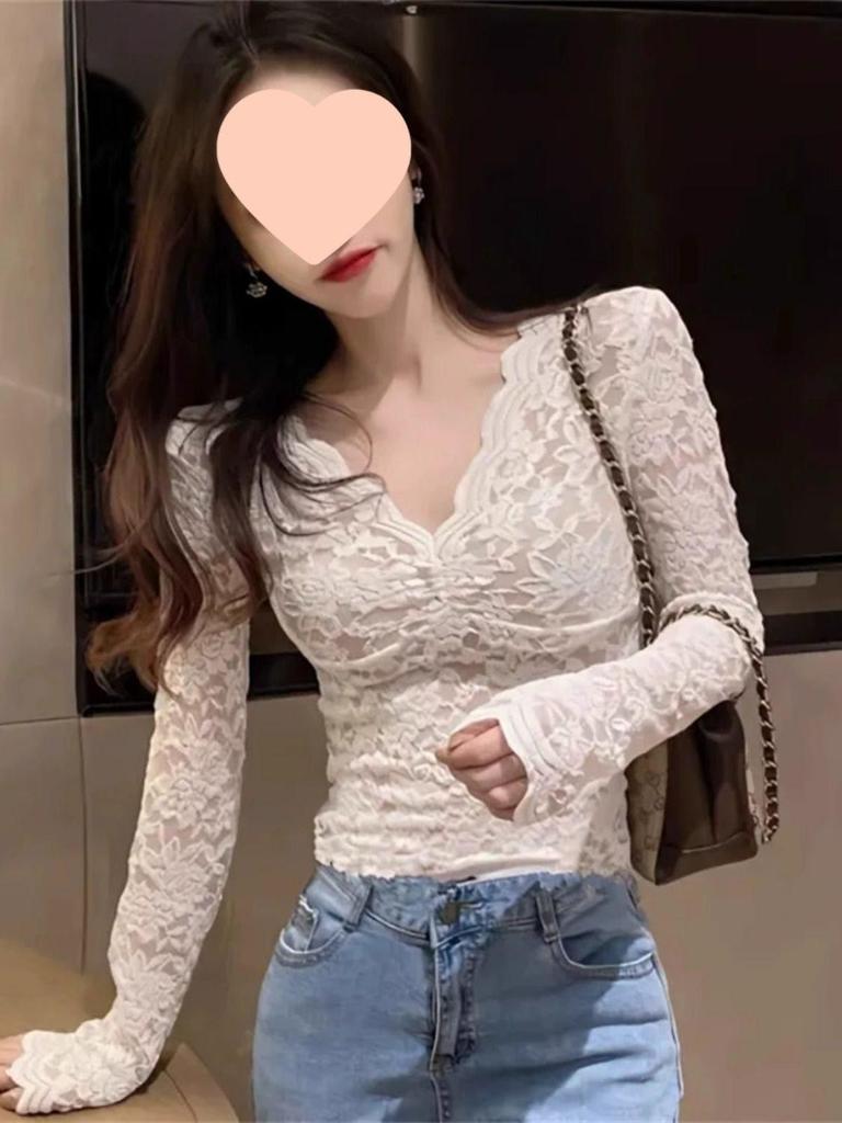 Women's Long-Sleeve V-Neck Lace Base Layer - Fleece-Lined/Unlined Autumn & Winter Sexy Hollow Fashion Top