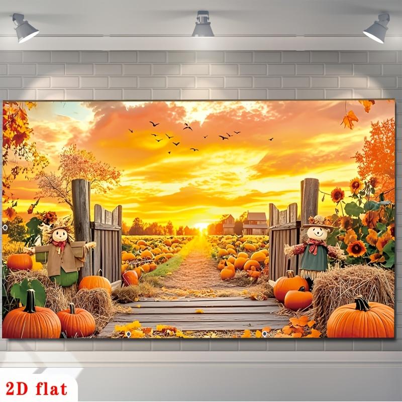 2D plane, 1 scene of the entrance of the autumn pumpkin field: warm sunset, scarecrow, wooden door, fallen leaves