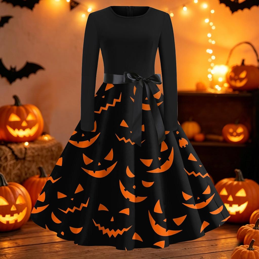 Women's Casual Long Sleeve Fit and Flare Dress Round Neck Halloween Print Full Skirt Midi Dress with Waist Tie Belt