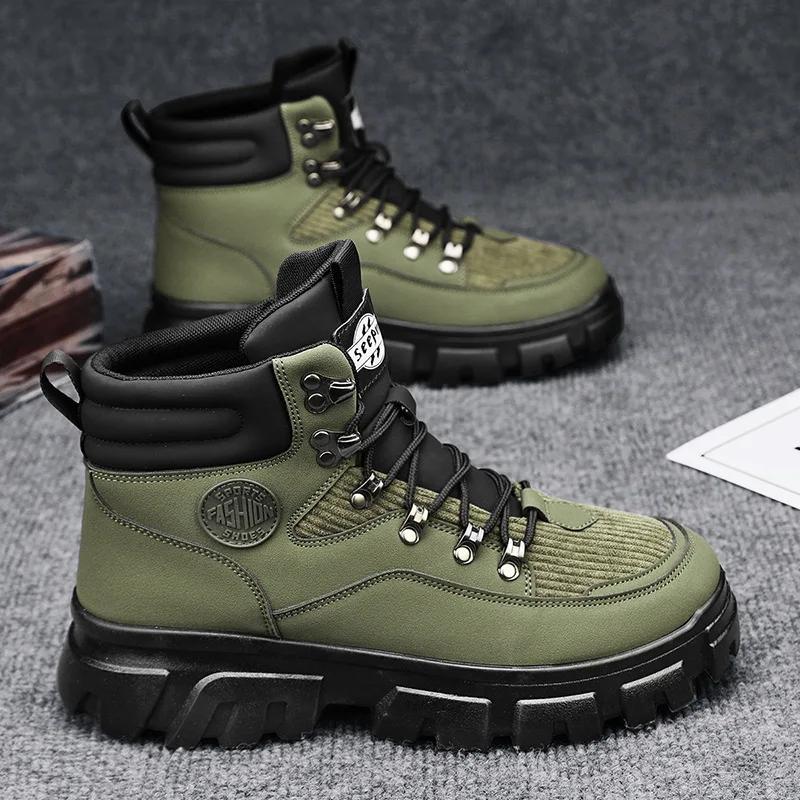 

Осень 2024 года, новые мужские роскошные ботинки, удобная дышащая водонепроницаемая мужская обувь, модные мужские рабочие ботинки, мотоциклетные ботинки 44 зелёный