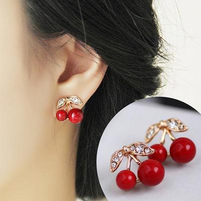 Orecchini a bottone con foglie in lega di perline rosse trasparenti con ciliegie doppie da donna