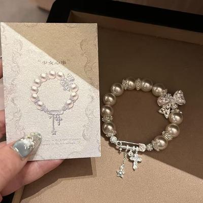Bracelet Premium en Dentelle à Nœud Niche Luxe Léger Diamants Entiers Boucle à Ardillon Croix Météore Perle Artificielle