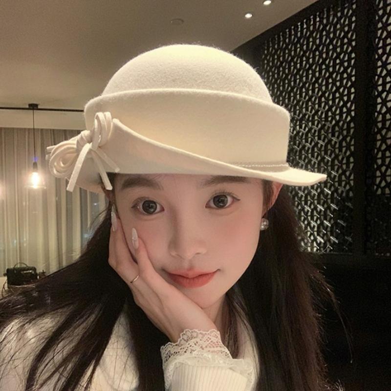 Fashion Wool Fedoras Caps Bowler Hat for Women 20S Flapper Costume Hat Cocktail Party Caps Elegant Winter Warm Round Hat