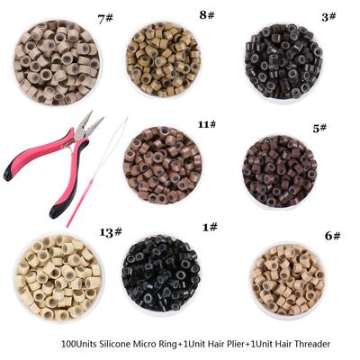 100 PEÇAS 5,0 mm Micro Anéis Silicone Micro Anéis Conectores Contas para Extensões de Cabelo + 1 Alicate para Extensão de Cabelo + 1 Unidade Passador de Cabelo