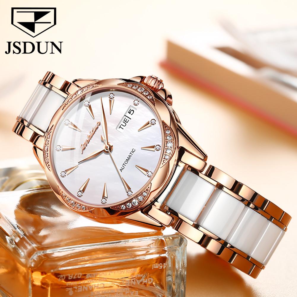 JSDUN Automatische Mechanische Uhr für Damen Luxus Diamant Perlmutt Zifferblatt Elegant Roségold Keramikarmband Damen Armbanduhren