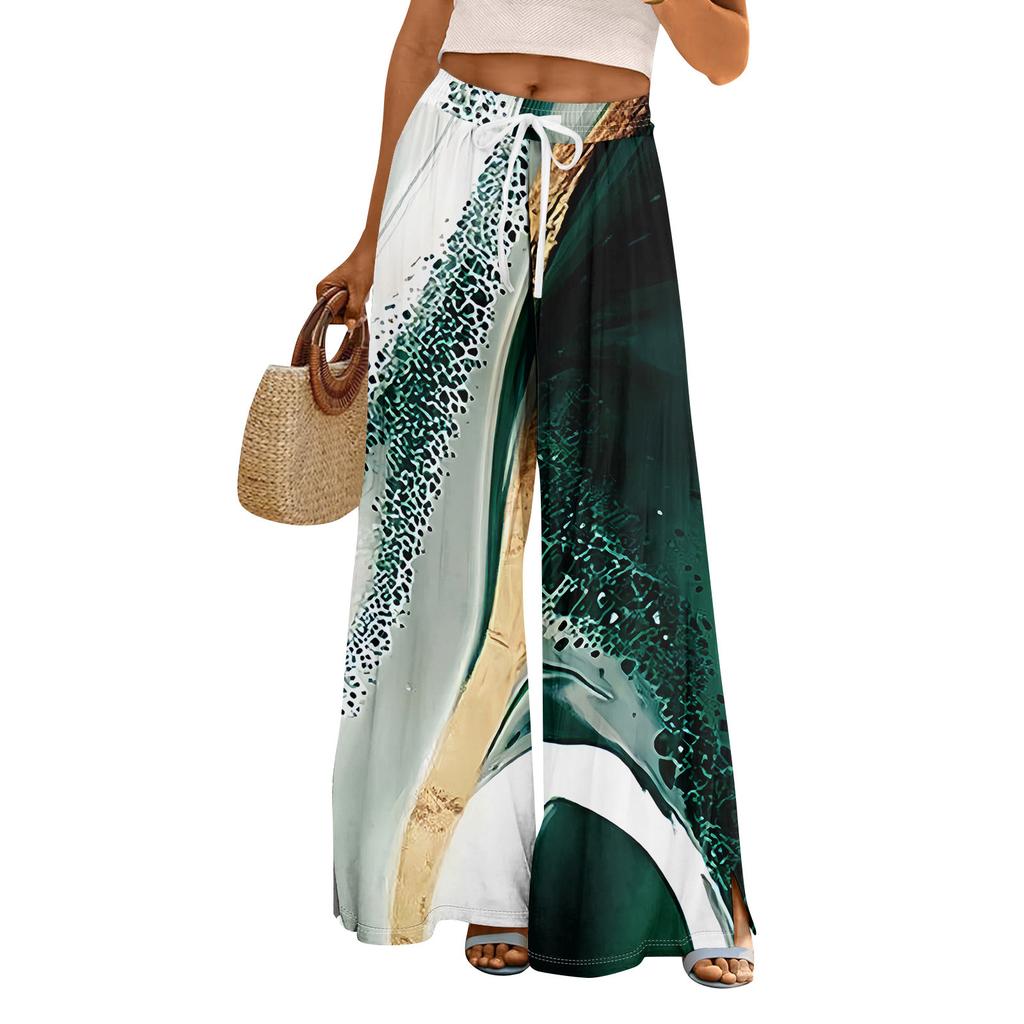 Women Summer Boho Palazzo Pants High Waist Wide Leg Floral Printing Casual Trousers With Pockets