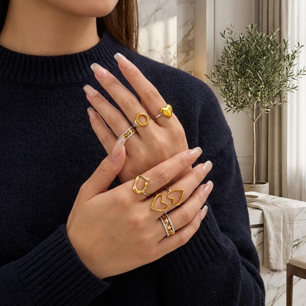 7Pcs Stainless Steel Two Tone Ring Set For Women Hollow Love Heart Shape Liquid Metal Texture Chunky Finger Rings Party Jewelry