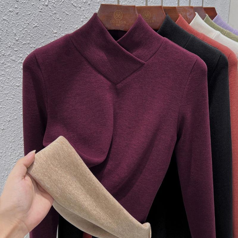 Stacked Collar Warm Fleece Bottoming Shirt Women's Autumn and Winter New Semi-turtleneck Long-sleeved Fleece Warm Silk Cashmere Top