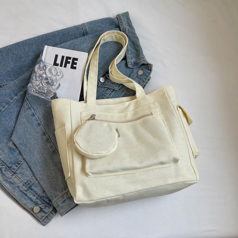 Elegant Chic Canvas Tote Bag For Women 2024 New Simple Solid Color Crossbody Bag бежевый