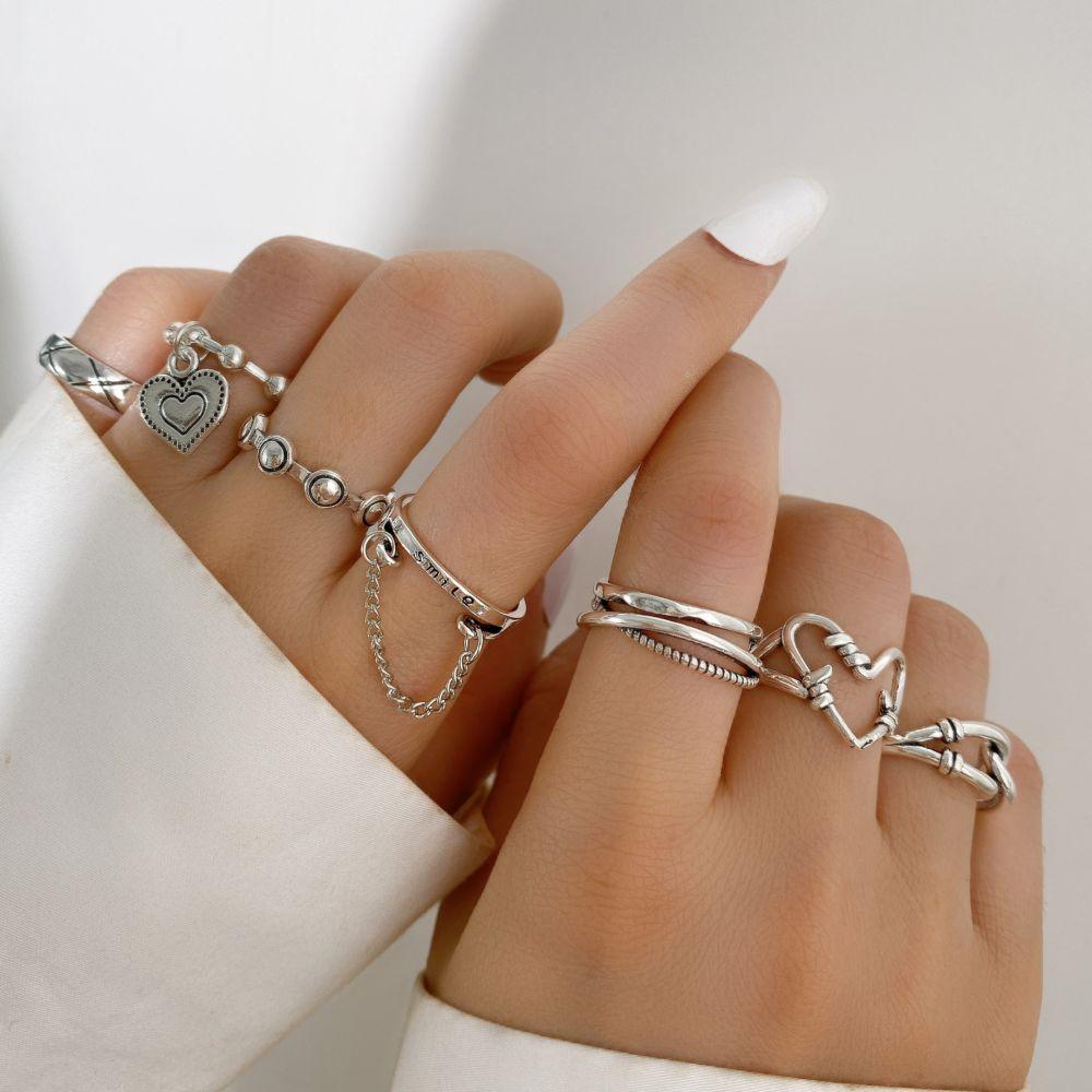 IF ME7 Pcs/set Punk Style Fashion Adjustable Rings Set Heart Silver Ring for Women Jewelry Accessories