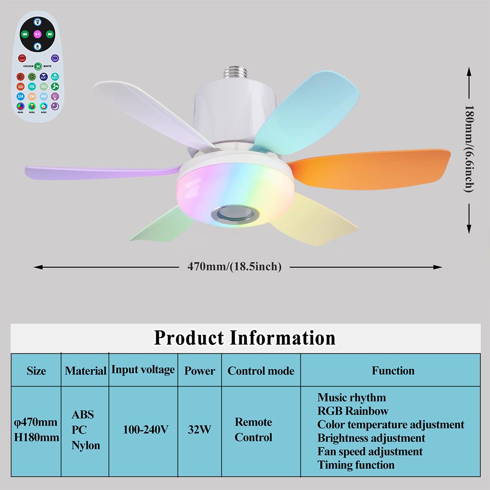 

Socket Fan Light with Remote Modern Silent Ceiling Fan Adjustable Wind Speed Cordless Electric Fan Smart RGB LED Dimmable Fan