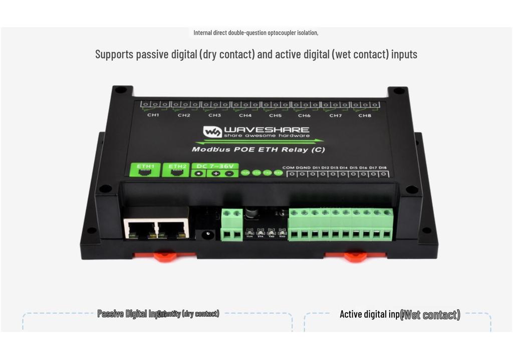Industrial Dual Ethernet 8-Channel Relay Module with Type-C PoE and Network Port Cascading.