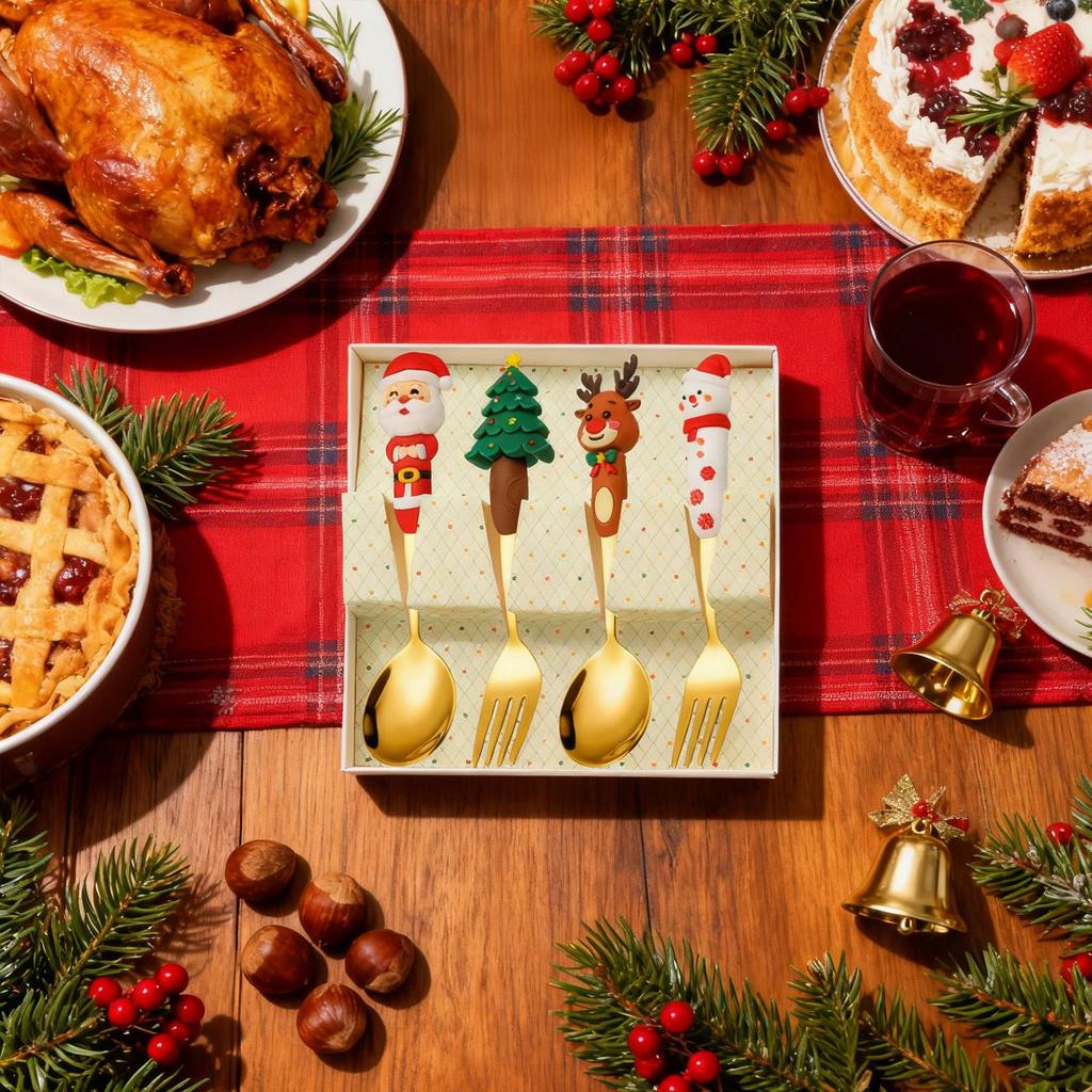4 Piece Christmas Cutlery Set  Christmas Tree, Christmas, Snowman, Tea Fork, Soup Fork, Coffee Fork, Stirring Spoon, Fruit Fork, Meat For