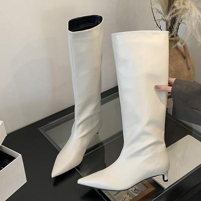 Fashion Liyke Sexy Pointed Toe White Knee High Boots Women Cozy PU Leather Autumn Winter Slip On Low Thin Heels Ladies Shoes Botas Mujer