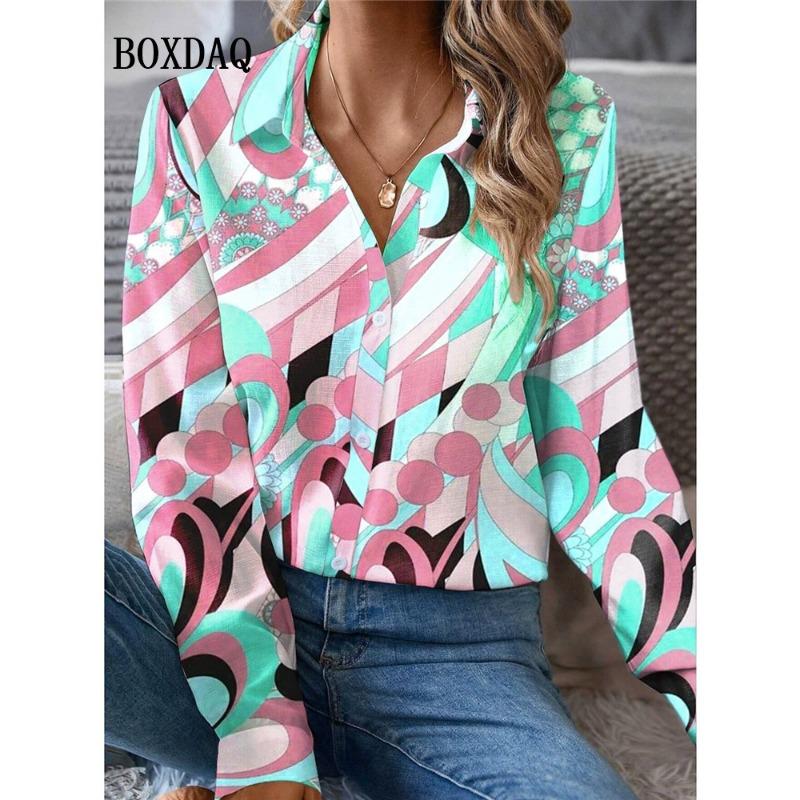 Autumn Fashion Blouse Women'S New Geometry Print Long Sleeve Lapel Shirts Casual Button Ladies Tops Elegant Female Clothes