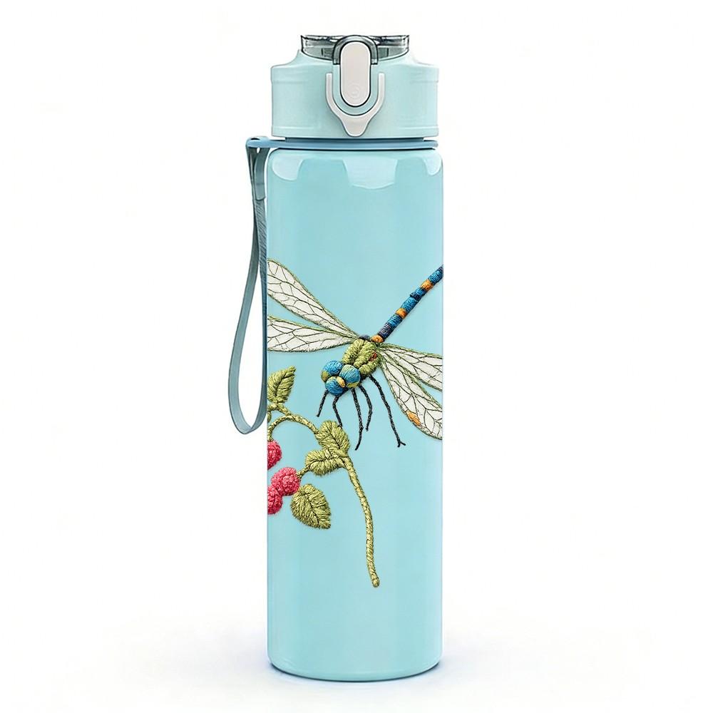 1PC Dragonfly Flower Line Art Print 750ml Color Plastic Sports Water Bottle Leakproof Flip Straw Lid Suitable for Sports Office Home Use