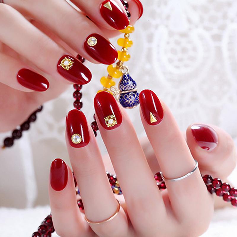 

24 шт. винно-красные клепаные накладные ногти с клеем, искусственные ногти, накладные ногти, носимые, съемные, с круглой головкой, для женщин