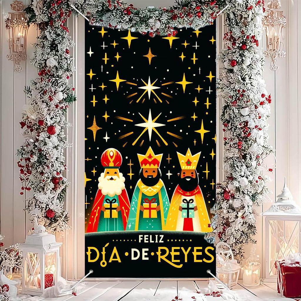 Feliz Dia De Reyes Door Cover 35x71 Inch Three Kings Day Porch Banner Epiphany Decorations Wise Men Celebration Backdrop for Home Office For Girls or