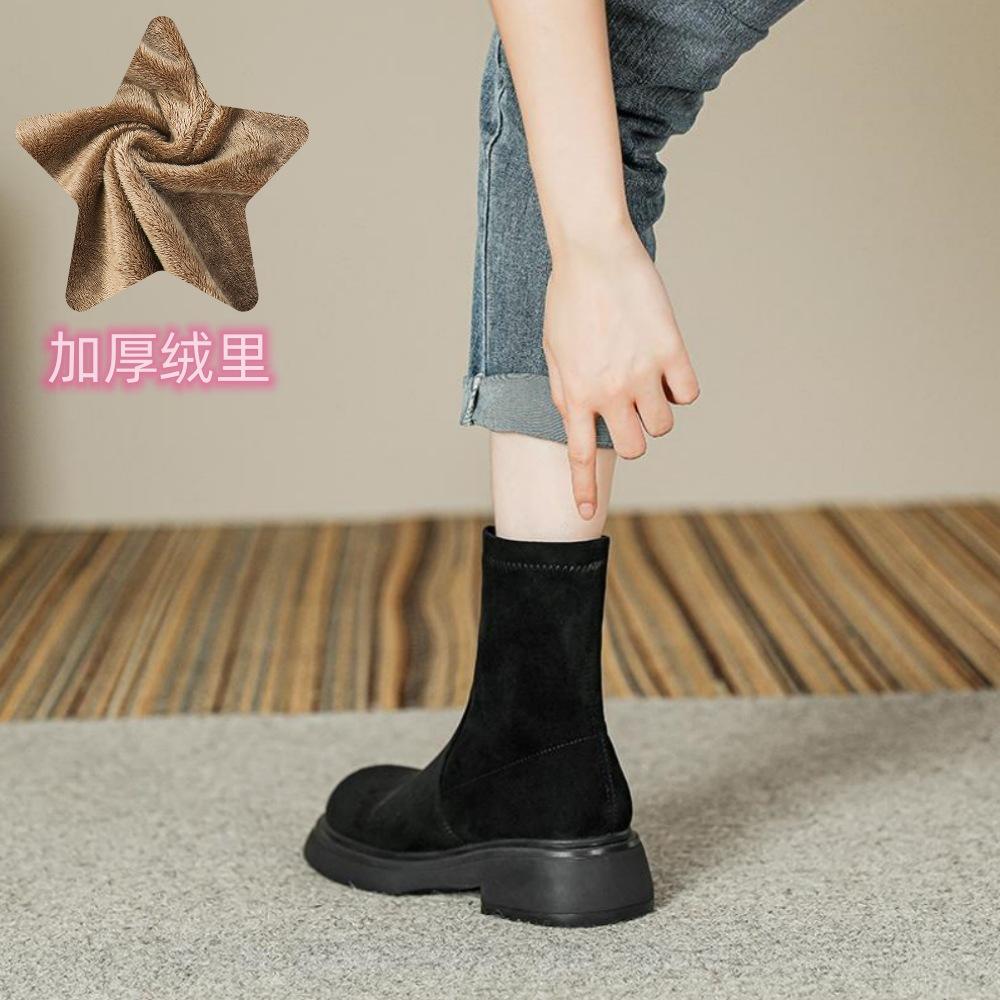 Short Boots for Women In Autumn and Winter New Retro Round Toe Thick Heel Short Knight Boots Suede Versatile Thin Boots Women's Shoes