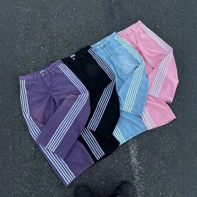 HCW Y2K Retro Striped Patchwork Embroidered Jeans Loose Straight Wide Leg Trousers Teens