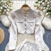 French Elegant Office Two Piece Set Women Button Vintage Tops Pleated Mini Skirt Female Fashion Patchwork Design Casual Sets 2024 New