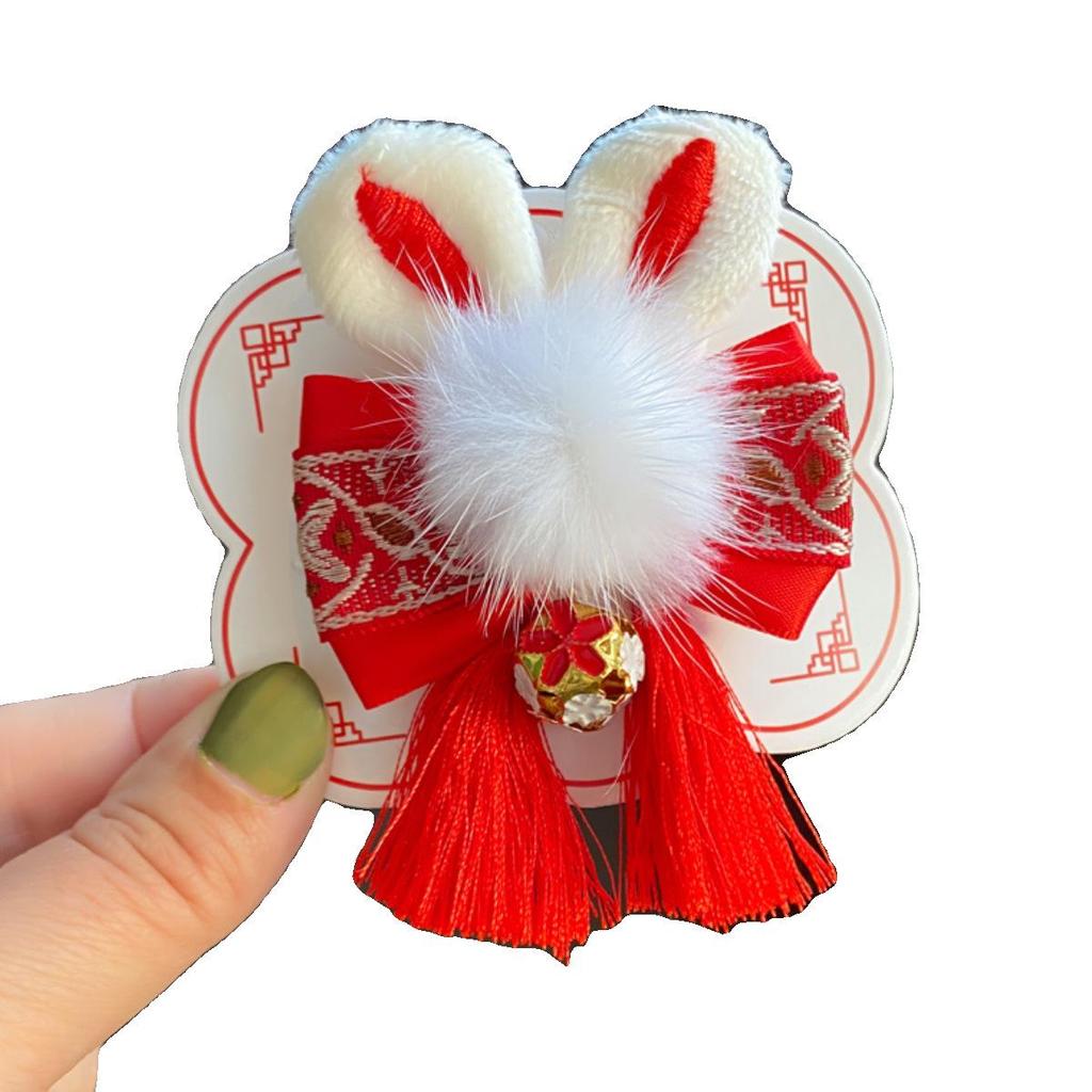 2023 Chinese New Year Embroidered Bow Hair Clip with Rabbit Ears - Red Side Clip for Little Girls