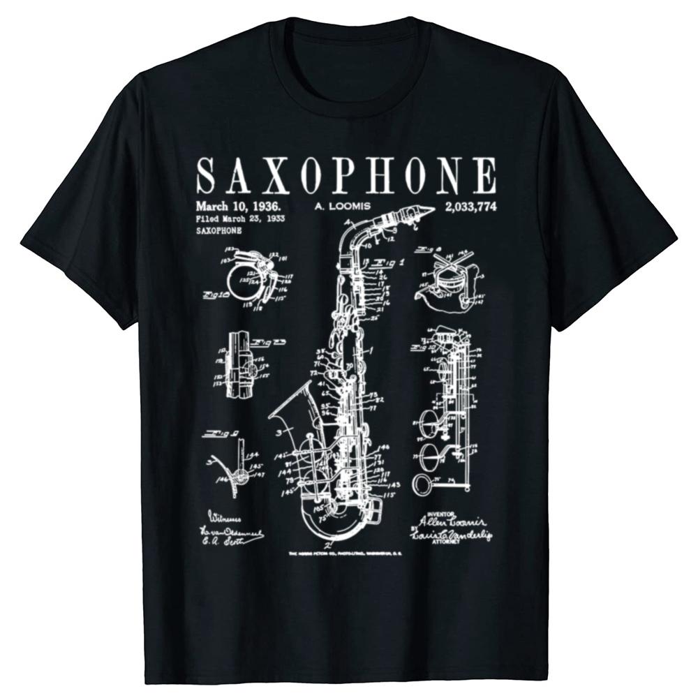 Saxophone Old Vintage Patent Drawing TShirt Unisex Clothing Fashion T Shirts Cotton Short Sleeve Oversized Loose Tshirt Tops