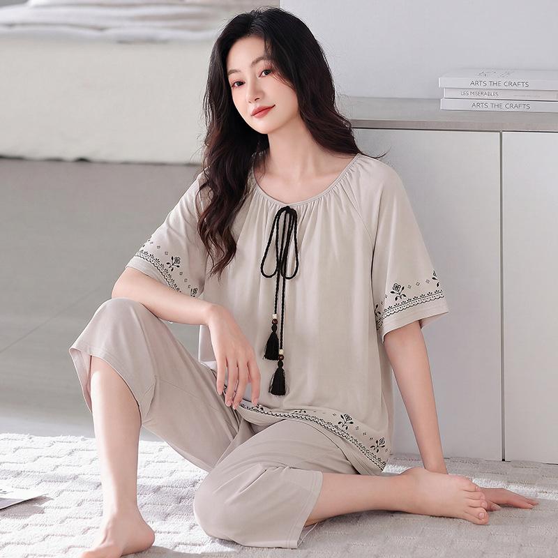 Pure cotton summer thin pajamas women's 1011 new summer cool short-sleeved cropped pants large size loungewear set