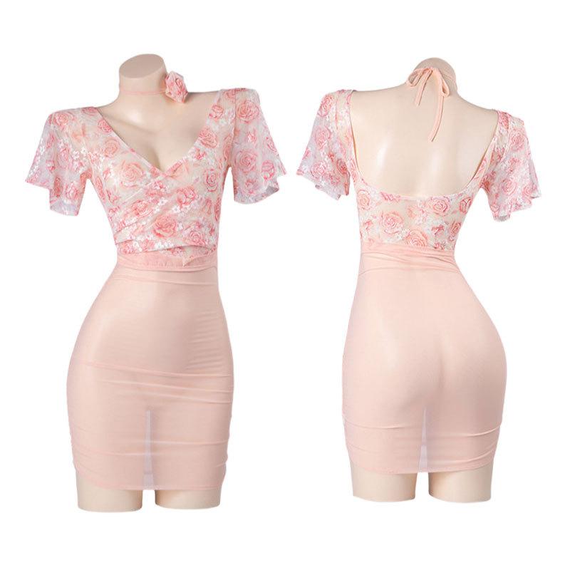 Sex Underwear Sexy Perspective, Deep V Floral Hip Skirt Rose Veil High Waist Tight Dress Set