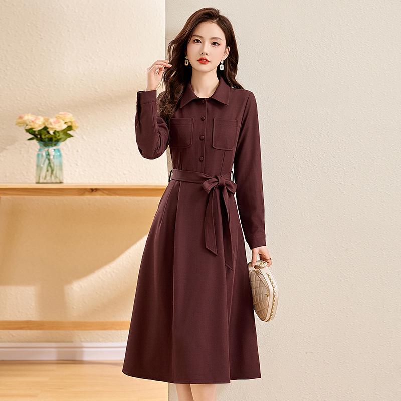

2025 Women s Long Sleeve Waist-Slimming Tie-Belt Dress XL 59-64 kg