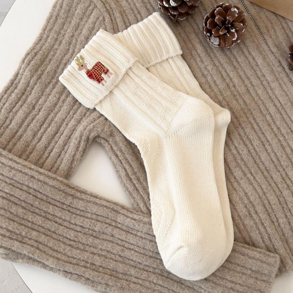 Cartoon Christmas Socks Embroidery Knitted Socks Cute Mid Tube Socks