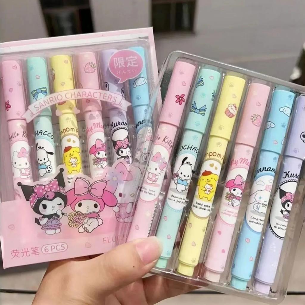 6Pcs/Box Highlighter Pen Set Kawaii Kuromi Melody Cinnamoroll Art Fluorescent Markers Pens School Stationery For Kids