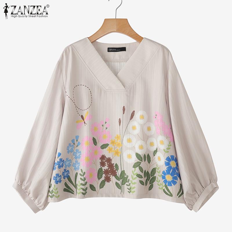 ZANZEA Women Casual V-Neck 3/4 Sleeve Loose Floral Blouse
