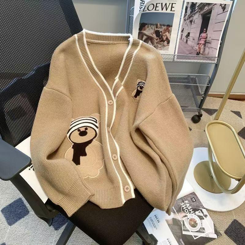 

Мягкий восковой кардиган свитер медведь молочный отдел весна и осень студенты свободный универсальный ленивый ветер вязаное пальто женское 3XL хаки