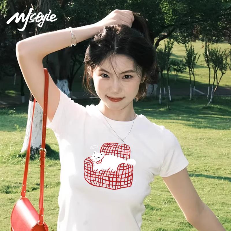 MJ STYLE Women's White JWS Sofa Cat Graphic T-shirt