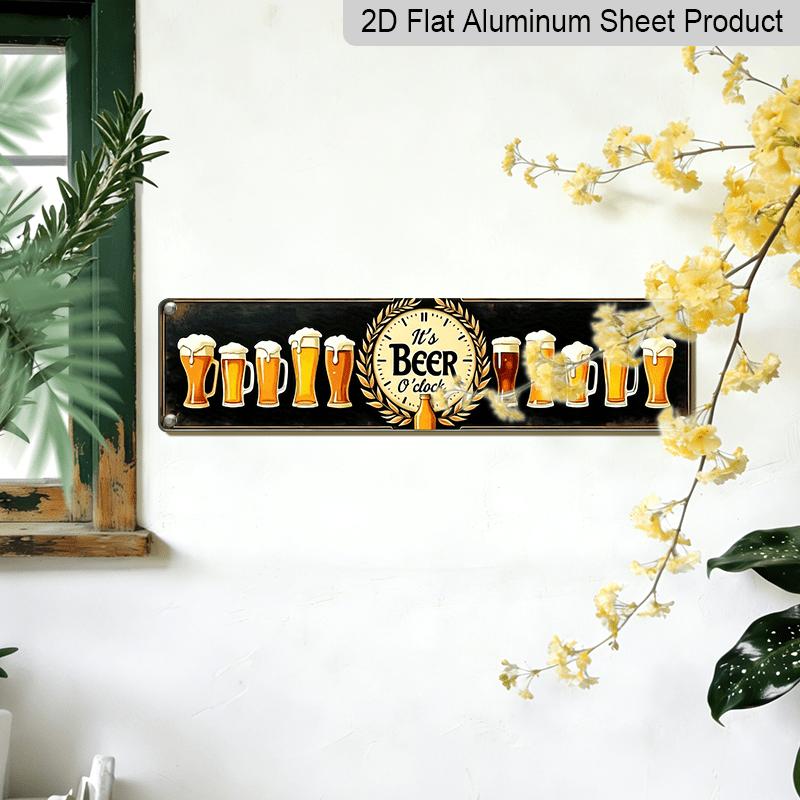 2D Flat, Rustic "It'S Beer O'Clock" Metal Wall Decor - Vintage Pub Sign with Beer Illustrations Alumium Decorative Sign, 3.93X15.74inch, Durable