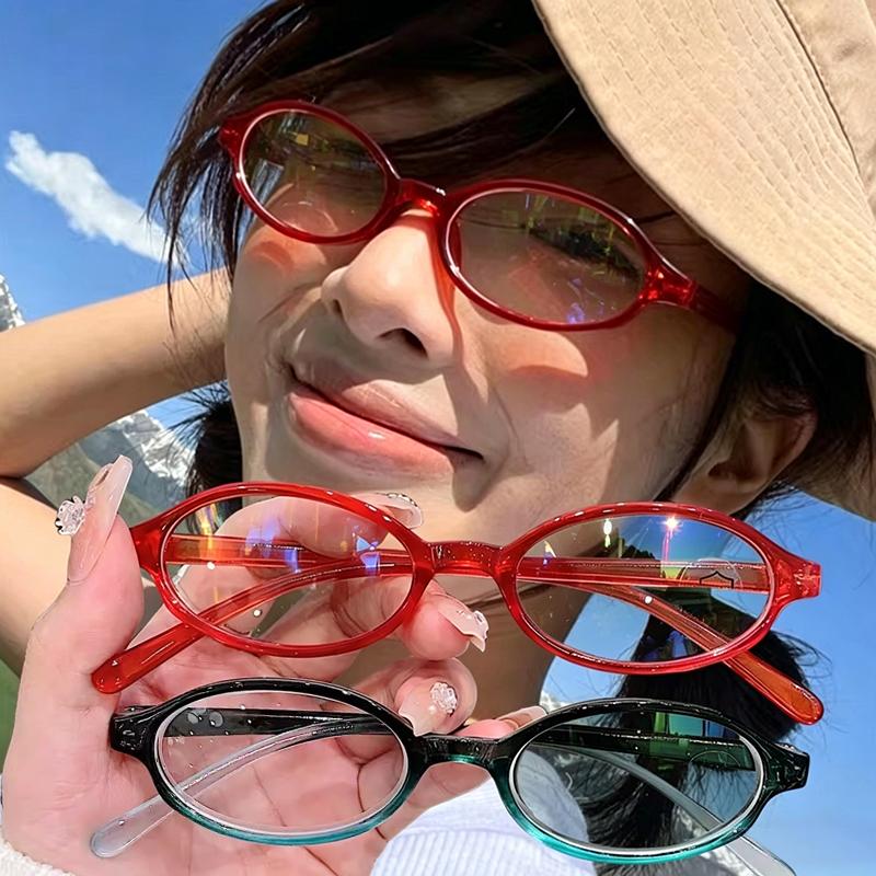 Girls Y2K Red Green Frame Glass Retro Oval Sqaure Glasses Eyewear Decorative Computer Anti-blue Eyeglasses with Seaside Driving