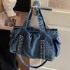 Bolso de Mezclilla Remaches Decorativos Fashi Versátil Diseño Bolso de Hombro Bolso de Mano Bolso Cruzado Gran Capacidad Bolso para Viajes de Commute