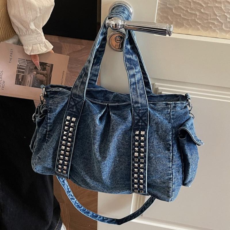 Bolso de Mezclilla Remaches Decorativos Fashi Versátil Diseño Bolso de Hombro Bolso de Mano Bolso Cruzado Gran Capacidad Bolso para Viajes de Commute