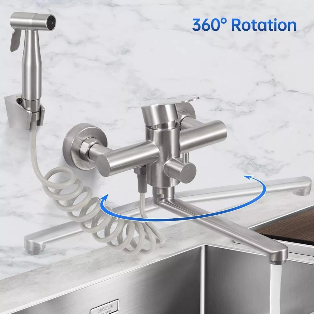 Grifo mezclador de pared para cocina, material de acero inoxidable 304 de grado alimentario, giratorio 360°