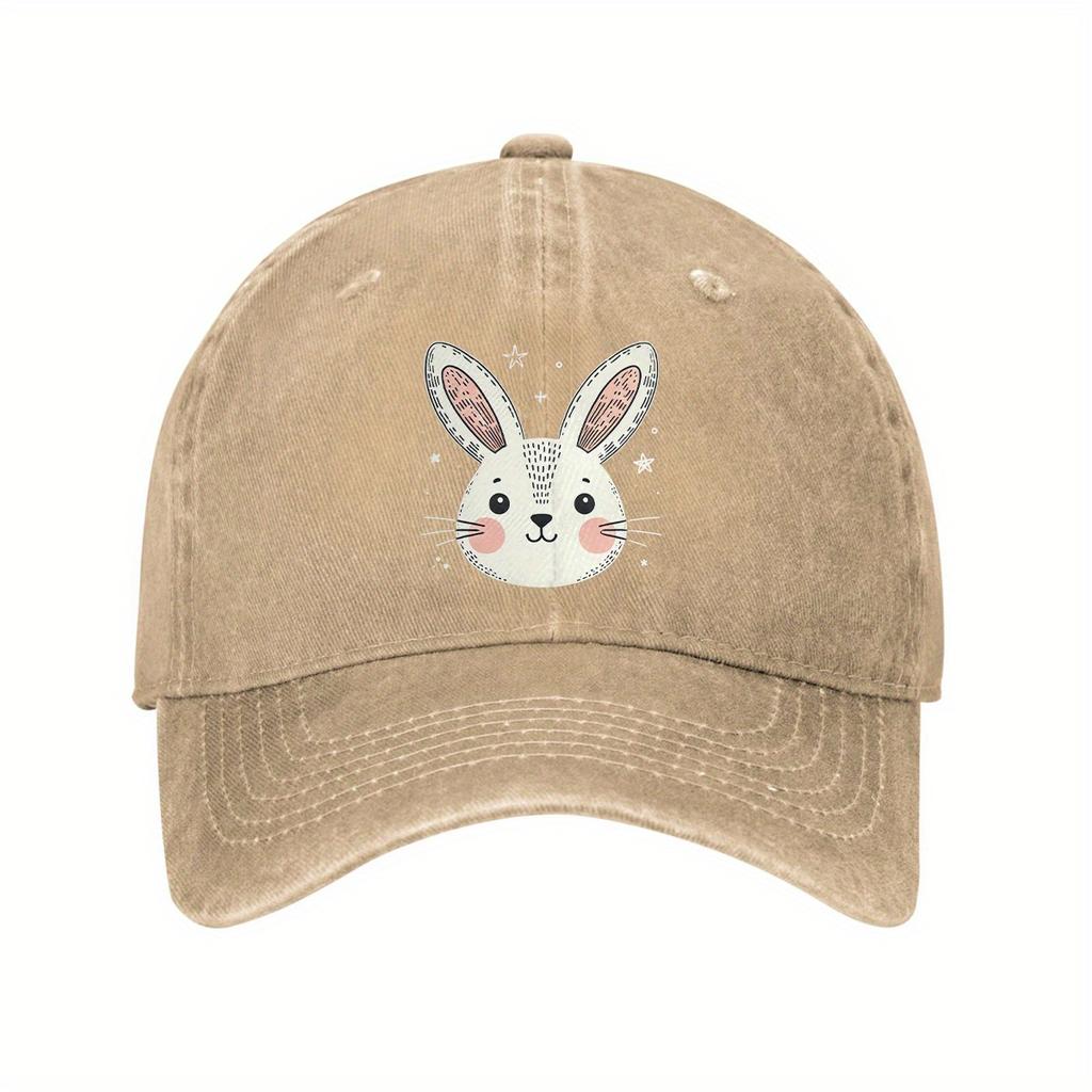 Cute Bunny Face Graphic Denim Baseball Cap Washed Casual Adjustable Cotton Dad Hat