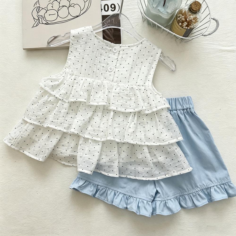 Girls Summer Polka Dot Ruffle Tiered Sleeveless Top And Shorts Set Fashionable Two Piece Outfit For Kids