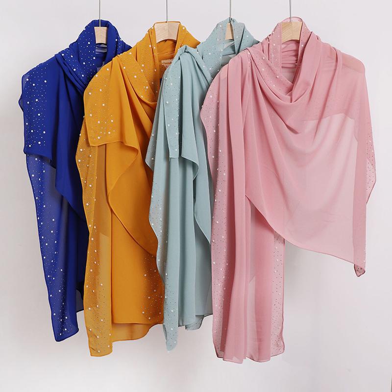 Ramadan Plain Bubble Pearl Chiffon Scarf Big Size Cotton Rayon Muslim Hijab Women Headscarf Wrap Shawls Female Islamic Turban