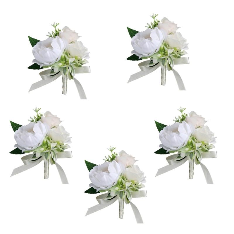 5Pcs Wrist Corsages Bracelets Artificial Rose Boutonniere for Grooms and Bride Wedding Party Proms Suit Decorations
