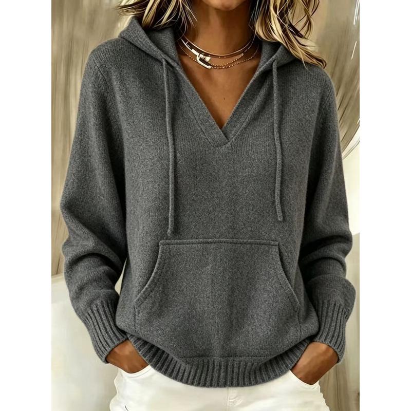Women's European Style Knit Hoodie with Drawstrings, Autumn/Winter Long Sleeve Sweater with Kangaroo Pocket, Solid Color Casual Fashion.