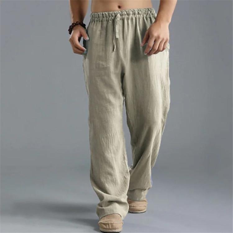 New youth male solid colour cotton linen drawstring loose casual trousers