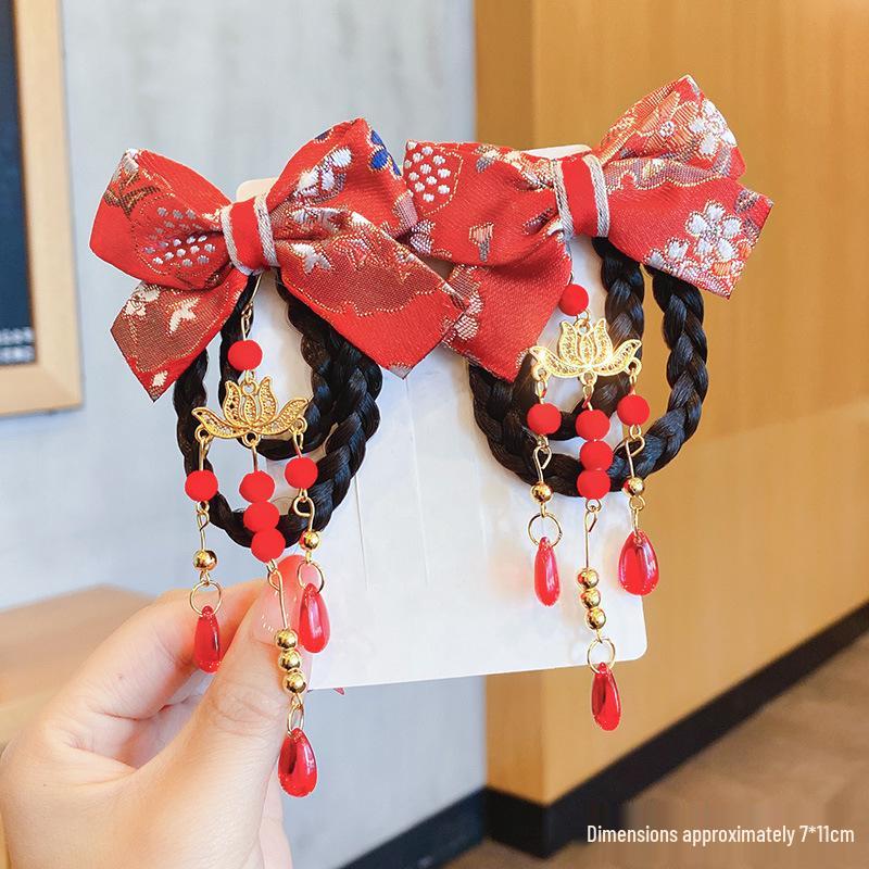 Children's Chinese Bow Braid Hair Clip & Hanfu Wig Headdress