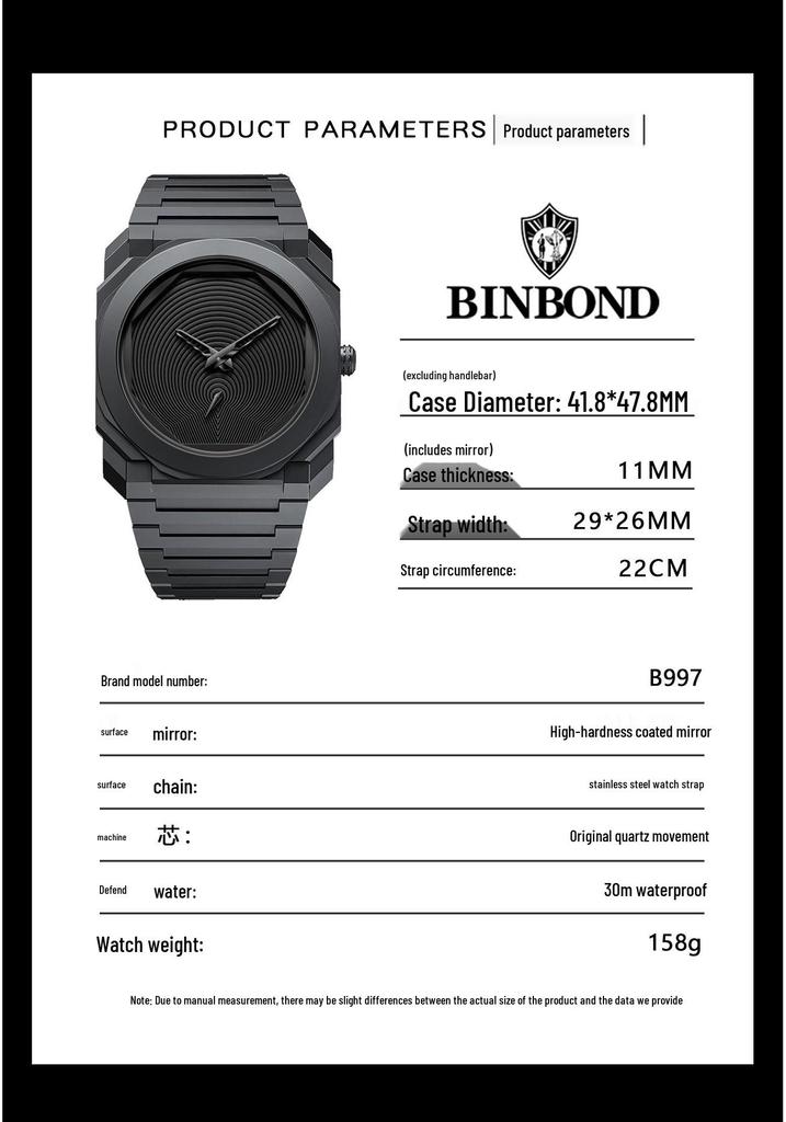 Binbang Octagonal Luxury Waterproof Men's Quartz Watch