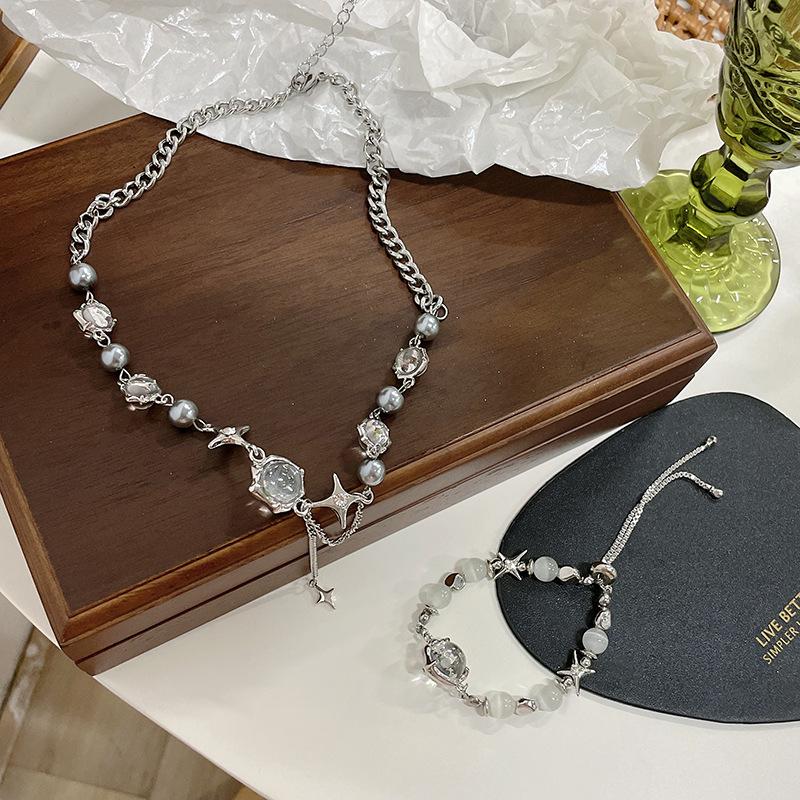 Moonstone Cross Hip Hop Spliced Bracelet Necklace 052 - Light Luxury, Versatile Style for Spicy Girls